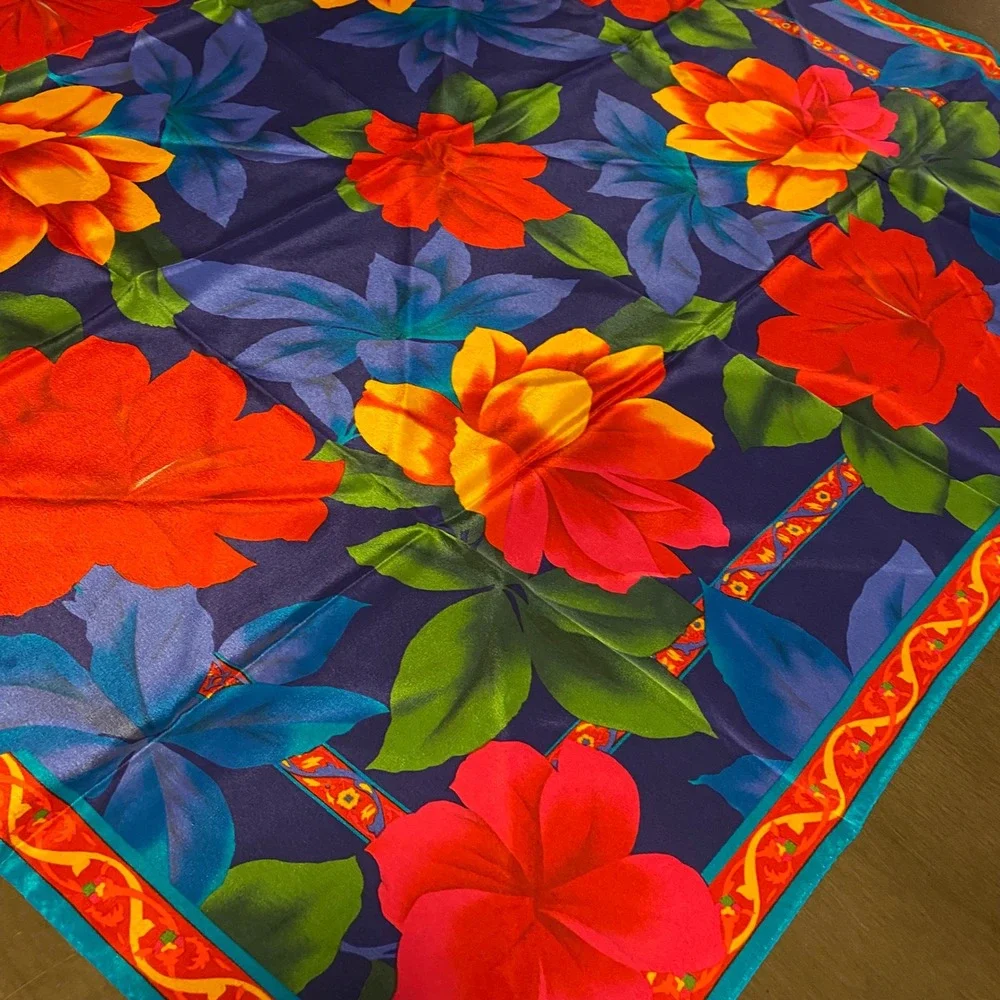 Vintage Tropical Floral Silk Scarf Large Square Hibiscus Navy Blue Red 34x34